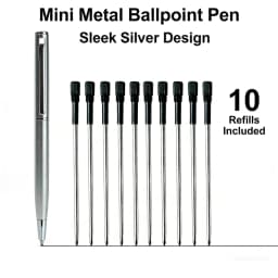 Mini Stainless Steel Metal Ballpoint Pen with 10 Replacement Refills Set, Portable Pocket Ballpen Compact Short Pen for Wallet