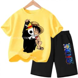 Summer Children Short Sleeve Clothes Set Anime Boy Girl T Shirt Shorts 2pcs One Piece Kids Outfit Chopper Luffy Tracksuit Suit