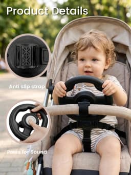 Stroller Steering Wheel with Honk Sound & 360° Rotation, Baby Travel Toy to Calm Fussy Riders