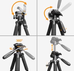 Huepar Multi-function Travel Camera Tripod 56"/143cm Adjustable Laser Level Tripod with 3-Way Swivel Pan Head With Bubble Level