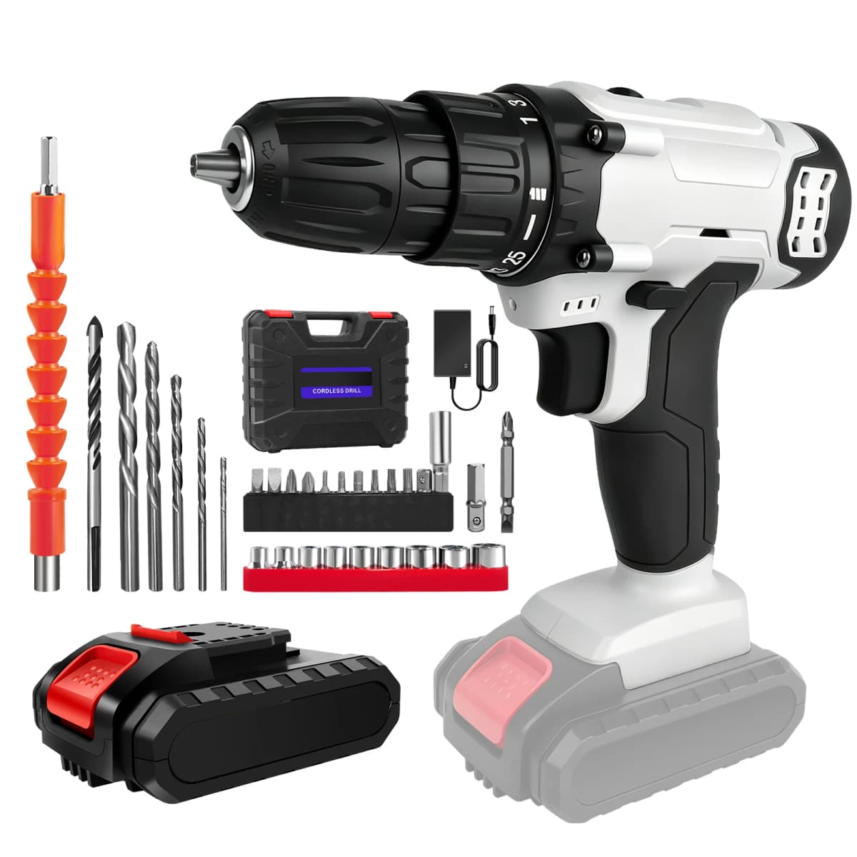 Cordless Drill Driver 21V, Power Tool Electric Screwdriver, 25+1 Torque, 2 Speed, LED Light, Combi Drill Kit for Home and Garden