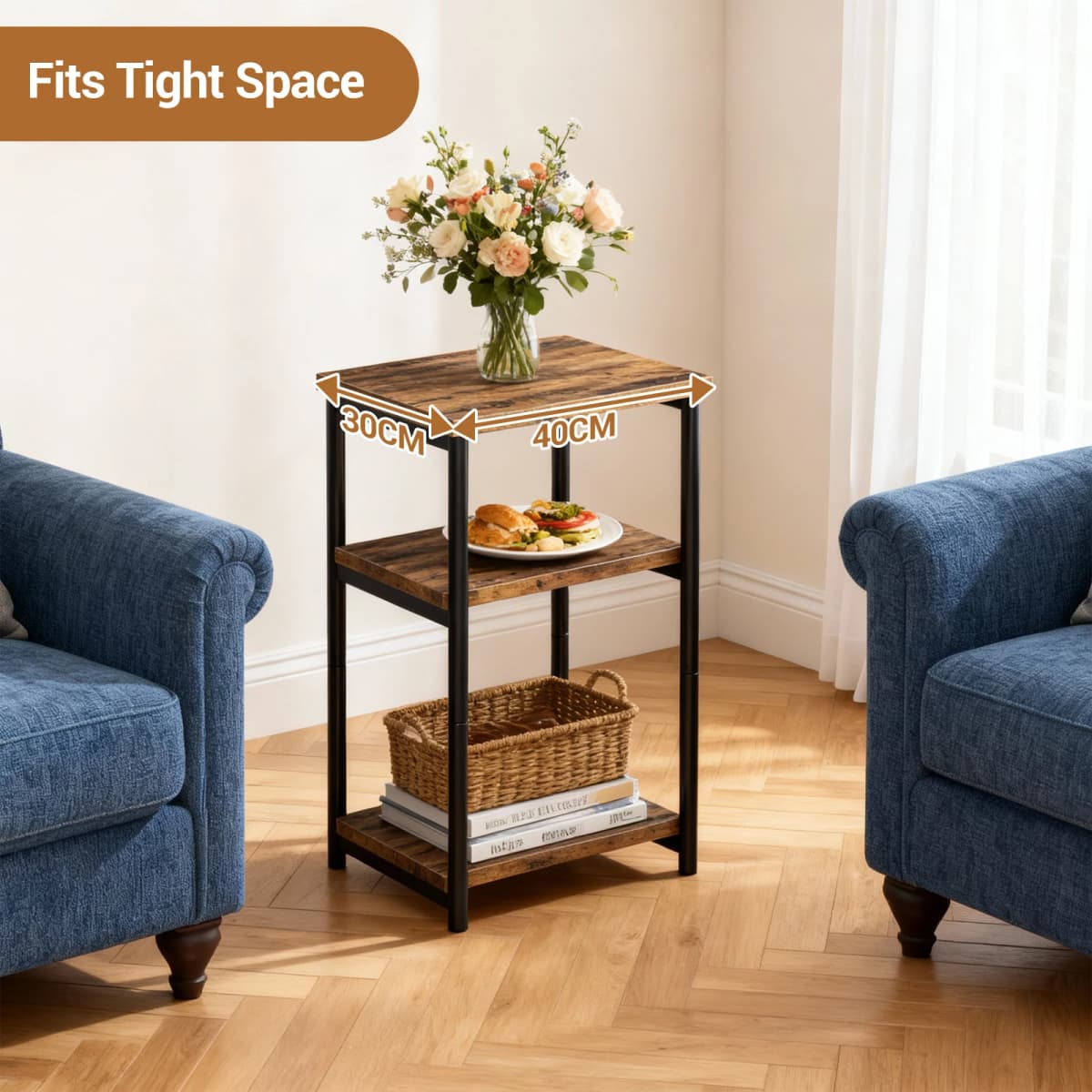 3-Tier End Table with Storage Shelves – Rustic Narrow Sofa Side Table for Small Spaces – Metal Frame Accent Bedside Table for Li