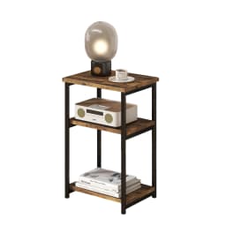 3-Tier End Table with Storage Shelves – Rustic Narrow Sofa Side Table for Small Spaces – Metal Frame Accent Bedside Table for Li
