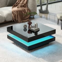 Black Square High Gloss Coffee Table with 360° Rotating Top, Tea Table with 16-Color LED light, 70x70x36 cm