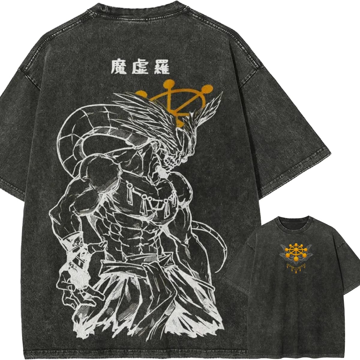 Mahoraga Wheel T-shirt Jujutsu Kaisen Eight-Handled Sword Tee Vintage Washed Oversized Anime Graphic Streetwear Retro Men Tops