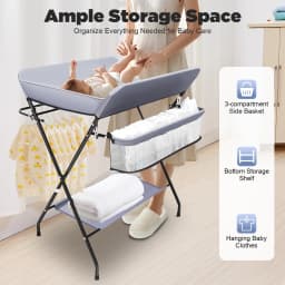 Foldable Baby Diaper Changing Table with Storage Basket, Portable Dresser Station with Safety Strap & Height Ruler for Nursery