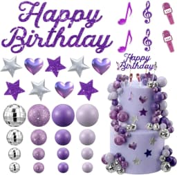 K-Pop Birthday Cake Topper Set: Purple Disco Balls, Glitter Stars & Notes – Perfect for Fan Parties