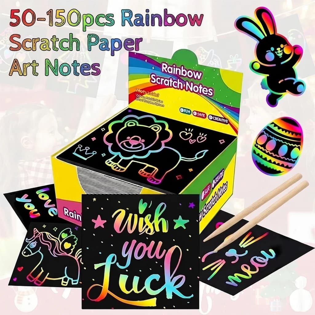 50-150 Pcs Rainbow Scratch Paper Art Notes Kids DIY Crafts Easter Basket Stuffers Girls Boy Classroom Prize Gift School Activity