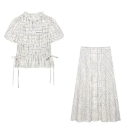 TFAFXY 2026 Summer Bow Plaid Embroidered Blouse Women Sets A-line Midi Long Skirt Suits Y2K