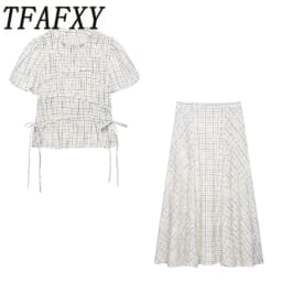 TFAFXY 2026 Summer Bow Plaid Embroidered Blouse Women Sets A-line Midi Long Skirt Suits Y2K