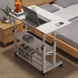 Adjustable Bedside Laptop Desk Multi-Layer Storage Height Adjustable Table with High-Gloss Wood Panel Metal Frame for Home Offic