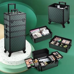 Rolling Cosmetology Case Makeup Train Case on Wheels 4 in 1 Cosmetic Box Makeup Travel Case with Key Storage Traveling Cart