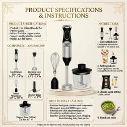 SUPERLEX 3 in 1 Immersion Hand Blender 600W Power Hand Stick Blender Mixer Vegetable Meat Grinder with 304 Stainless Steel Blade
