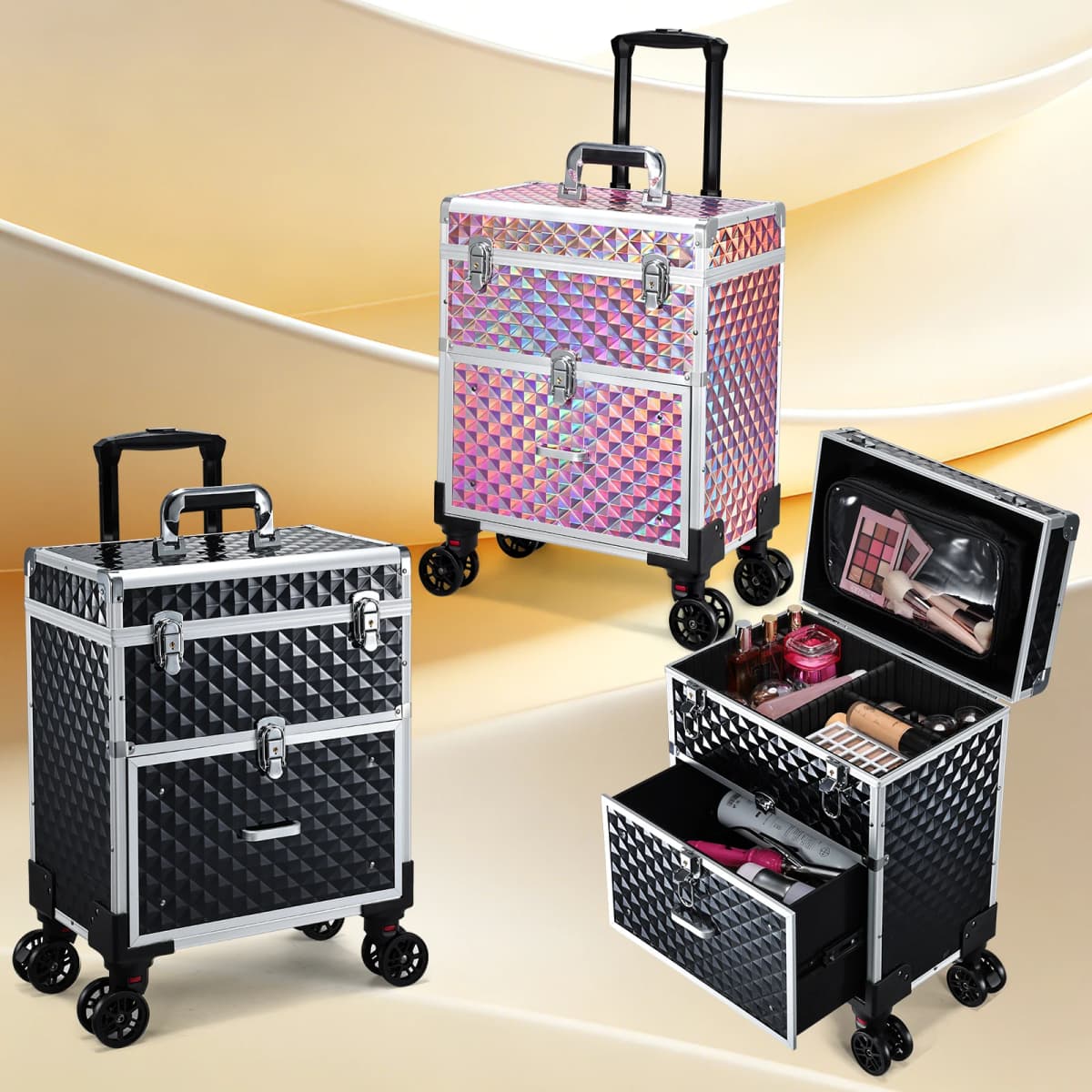 Professional Rolling Makeup Case Trolley with Drawer Cosmetic Train Case Large Storage Case Cosmetology Case Detachable Bag
