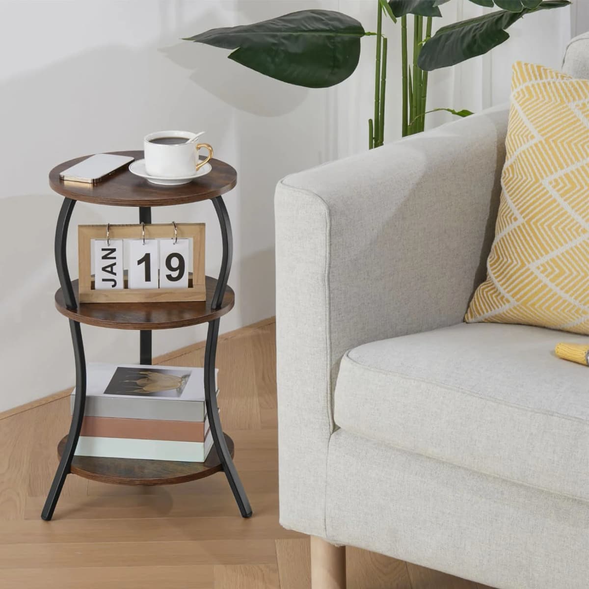 Round End Table Side Table 3 Tier MDF Metal Frame Rustic Accent Table Nightstand for Living Room Bedroom Couch