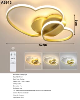 48W Heart Shape LED Ceiling Light Modern, Dimmable with Remote Control 3000K-6500K Ceiling Lamp Golden for Bedroom, Dining Room
