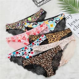 Fashion Women's Sexy Lace Panties Seamless Underwear Leopard Ice Silk for Girl Bikini Cotton Crotch Transparent Lingerie