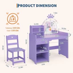 Kids Vanity with Lights, 2 in 1 Princess Makeup Vanity Desk & Chair Set, Toddler Vanity Table with Open Bookshel for Girls