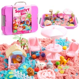 Joyfy Cute Pet Themed Sensory Bin toy Sandbox with Lid Dual-Color Sand Learning Activities for Boys Girls Birthday Chrimas Gifts