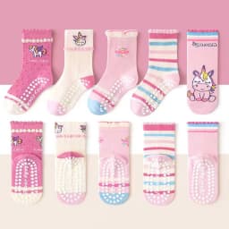 5-Pack Children's Dotted Floor Socks with Rainbow Unicorn Pattern and Lace Trim, Suitable for Boys and Girls, Baby Toddlers, Soft-Soled Indoor Non-Slip Polka Dot Lace Mid-Tube Socks, Ideal for Casual Daily Life