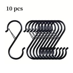 Black S-hook, heavy-duty metal hook with safety buckle design, used for hanging kitchen utensils, frying pans, clothes, towels