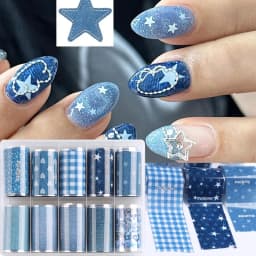 Ins Patchwork Style Denim Nail Art Transfer Paper, Cute Heart Star Blue Denim Texture Nail Design - Y2K Cool Girl Nail Art Decor