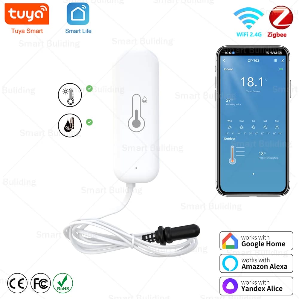 Tuya Zigbee WiFi Temperature Humidity Sensor with External Probe High Accuracy SmartLife Remote Monitor for Plants Aquarium Pool