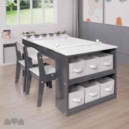 3-in-1 Kids Art Table and 2 Chair Set, Activity Table with Storage, Easel Transformation 5 Paint Cups, 6 Storage Bins,Paper Roll