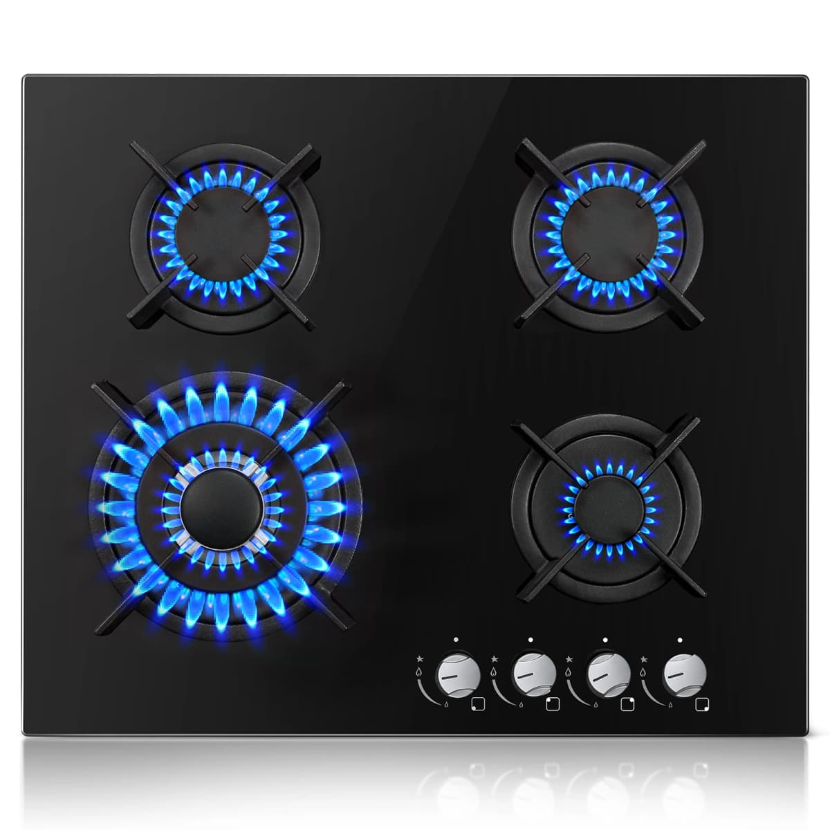60cm 4 Burner Gas Hob with Wok Burner - 8060W Black Glass Cooker & Flame Failure Protection | NG/LPG Convertible for UK Kitchens