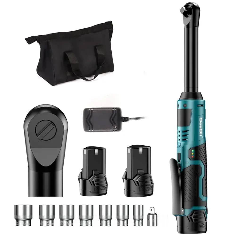 Seesii 3/8'' 6'' Extended Ratchet Wrench Electric Angle Wrench 55Nm Cordless Electric Wrench Driver Auto Repair Tools Set 12V