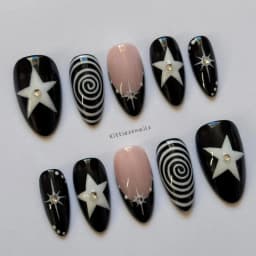 10 Pieces of Hand-Pressed Almond-Shaped Nails, Beautiful False Nails, Featuring Black Swirl Punk Stars, Suitable for Women