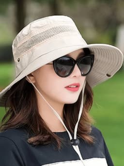 Women's Solid Color Wide Brim Sun Hat With Mesh Ventilation & Adjustable Chin Strap, Outdoor Uv Protection Bucket Hat For Hiking