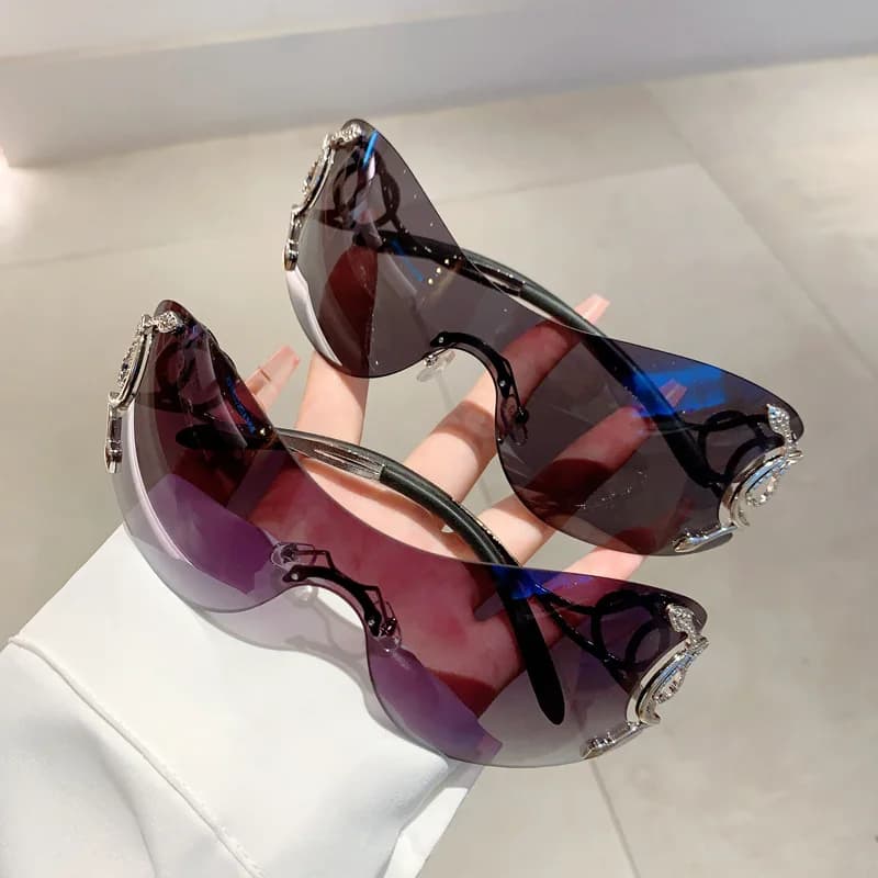 Y2k Rimless Sunglasses Women One Piece Lens Outdoor Shades Trendy Luxury Brand Design Metal Frame Punk Glasses Eyewear Goggle