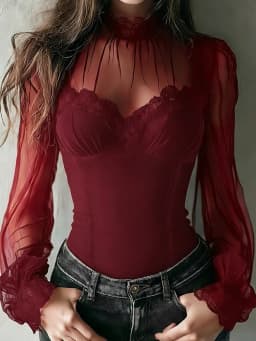 Women's Spring/Fall 2026 New Arrival Elegant Lace-Panel Cutout Bell-Sleeve Tie-Waist Top Everyday Lace-Panel Design