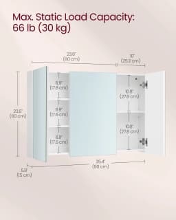 VASAGLE Wall Cabinet with Mirror, 3-Door Storage Unit, Bathroom Mirror Cabinet, 15 x 90 x 60 cm, with Adjustable Shelf