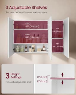 VASAGLE Wall Cabinet with Mirror, 3-Door Storage Unit, Bathroom Mirror Cabinet, 15 x 90 x 60 cm, with Adjustable Shelf