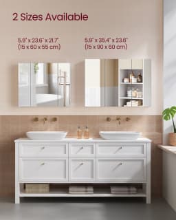 VASAGLE Wall Cabinet with Mirror, 3-Door Storage Unit, Bathroom Mirror Cabinet, 15 x 90 x 60 cm, with Adjustable Shelf