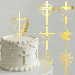 3pcs/6pcs Gold Acrylic Cross Cake Toppers Leaf Design Cake Picks for Baptism First Communion Party Decor Supplies