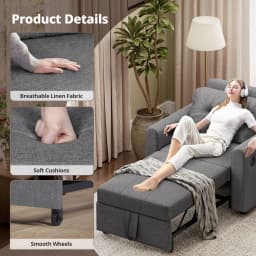 Sofa Bed, 3 in 1 Convertible Single Sofa Bed with USB & Type-C Ports, Pull Out Linen Single Sleeper Chair with Pocket
