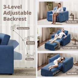 Sofa Bed, 3 in 1 Convertible Single Sofa Bed with USB & Type-C Ports, Pull Out Linen Single Sleeper Chair with Pocket