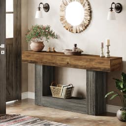 Tribesigns 63" Console Table, Farmhouse 2-Tier Entryway Table with U-Shaped Base, Narrow Long Wood Sofa Table Behind Couch Table