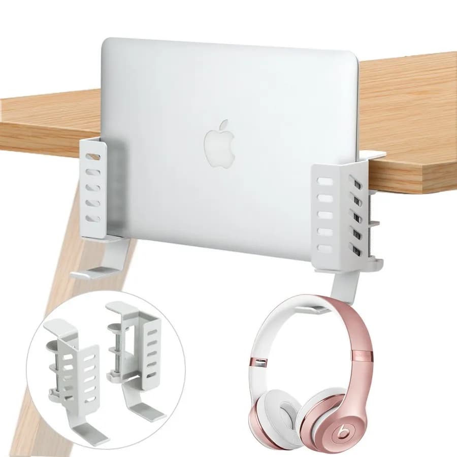 No Drill Desk Side Laptop Mount Hanging Laptop Holder Clamp on Desk Side Storage Organizer