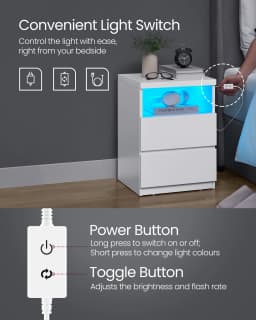 VASAGLE KAILYN Collection - Nightstand with Adjustable LED Light, Bedside Table with Drawers, Side Table