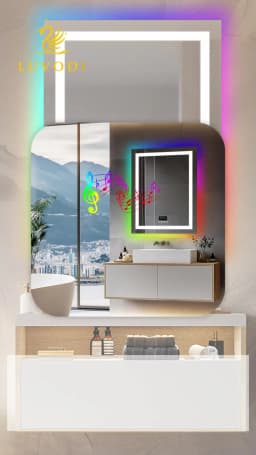 LUVODI Bluetooth Bathroom Mirror Time Temperature Display Wall Hang Vanity Mirror with Bluetooth Speaker Dimmable Anti-fog