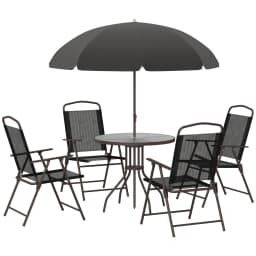 Outsunny 6 Piece Garden Dining Set with Umbrella, Patio Sets with Parasol with 4 Dining Chairs & Tempered Glass Table