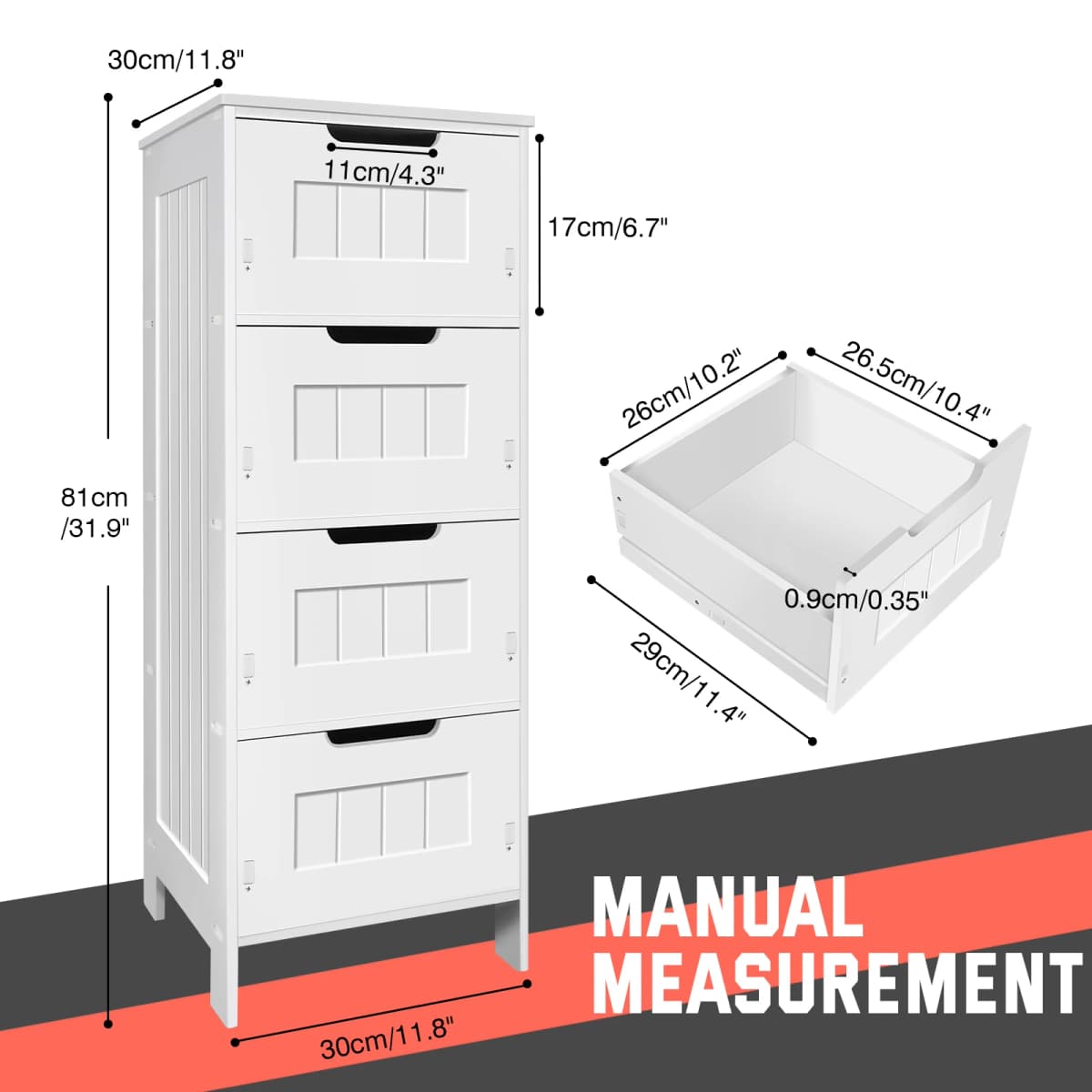 4 Drawers Bathroom Storage Cabinet, PVC Material, Free Standing, Waterproo and Oil Resistant, Easy to Install, 30x30x81 cm White
