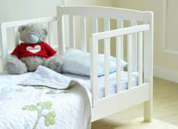 mcc direct White Solid Wooden Junior Toddler Kids Bed Montana with Foam Mattress and Safety Wooden Barrier (147 x 87.5 cm)