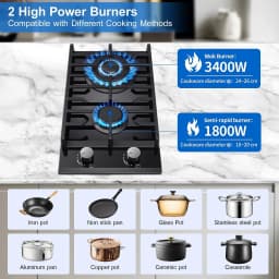 TopStrong 2 Burners 30cm Kitchen Built in Tempered Glass NG/LPG Dual Fuel Gas Hob UKGCT-B02
