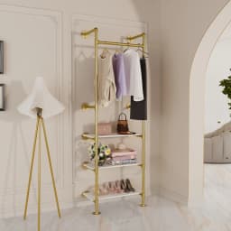 Wall Mounted Clothes Rack Industrial Pipe Gold Garment Rack with 3 Tier Shelves