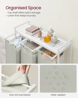 VASAGLE Laundry Basket, 3-Compartment Laundry Hamper, Pull-Out and Removable Laundry Bags, Laundry Sorter, Shelf, Metal Frame